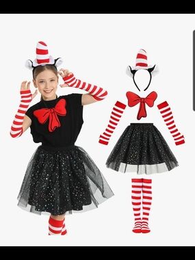 Girls Red & Black Striped Cat Costume Set with Sparkle Tutu One Size Fits Most